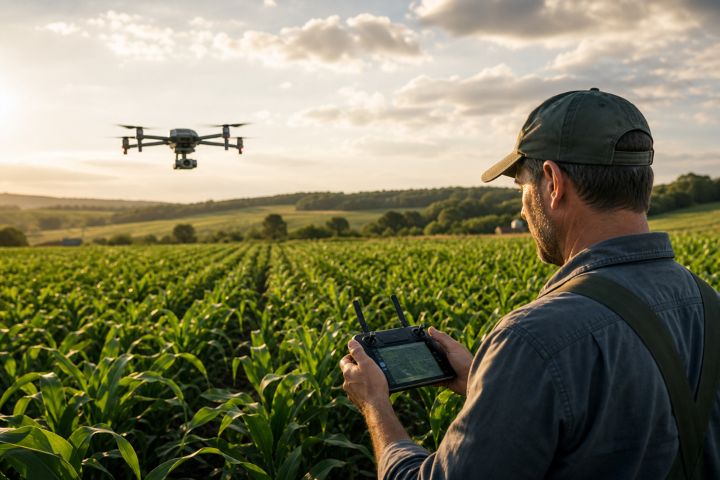 Um agricultor utilizando um drone para monitorar uma plantação