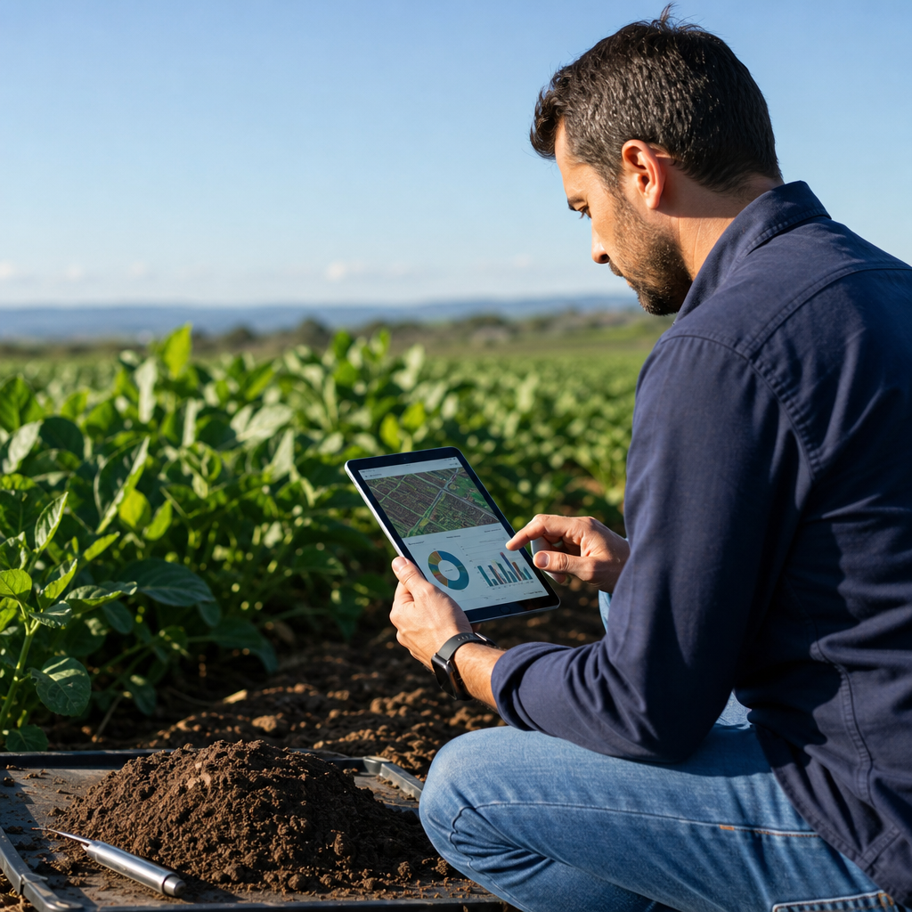 Técnico analisando dados de solo em uma plantação
