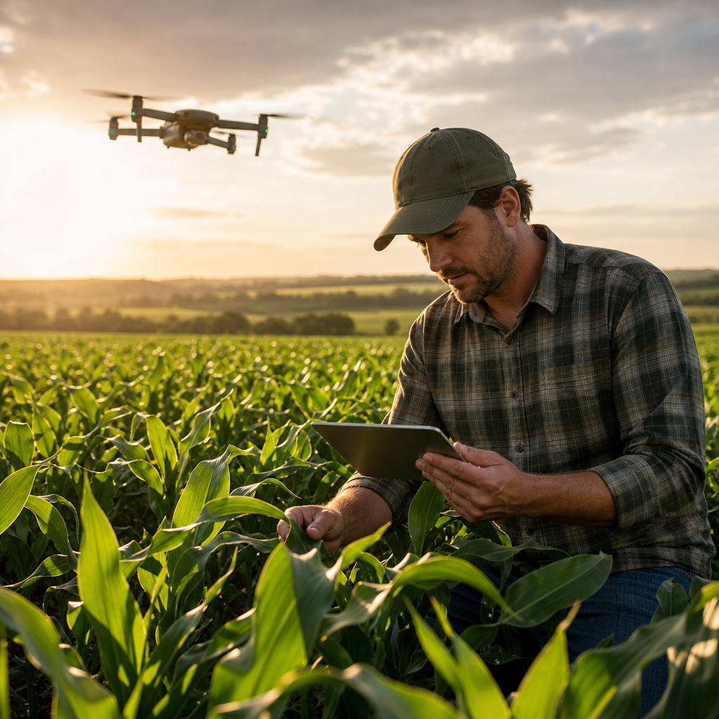 Agricultor inspecionando lavouras com drone