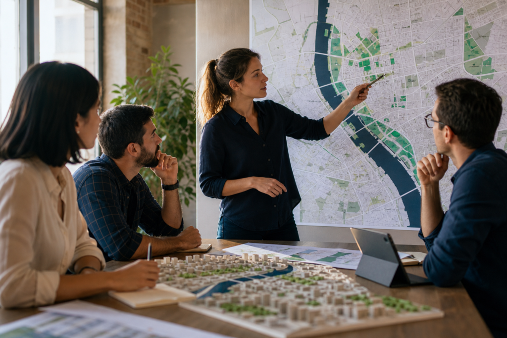 Planejamento de cidade inteligente com equipe em escritório moderno