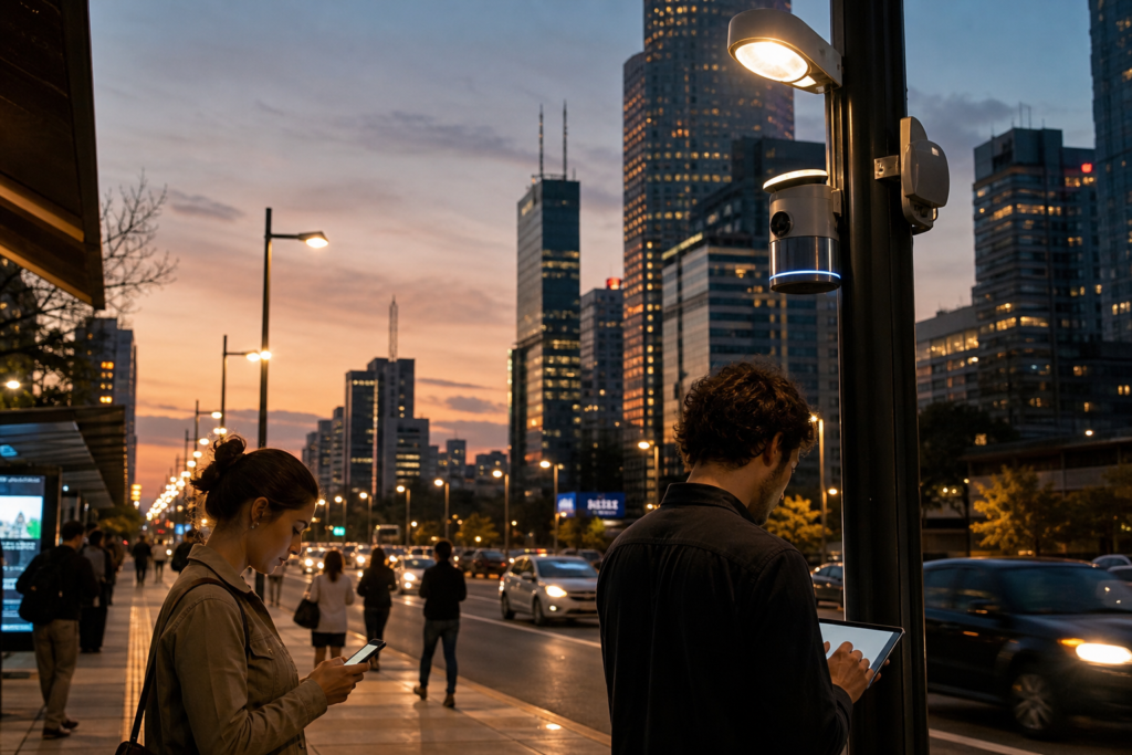 Cenário urbano de uma cidade inteligente ao entardecer com iluminação pública conectada