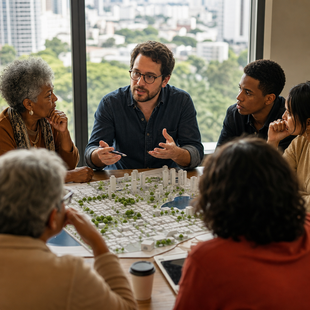 Planejador urbano discutindo iniciativas de cidade inteligente com membros da comunidade