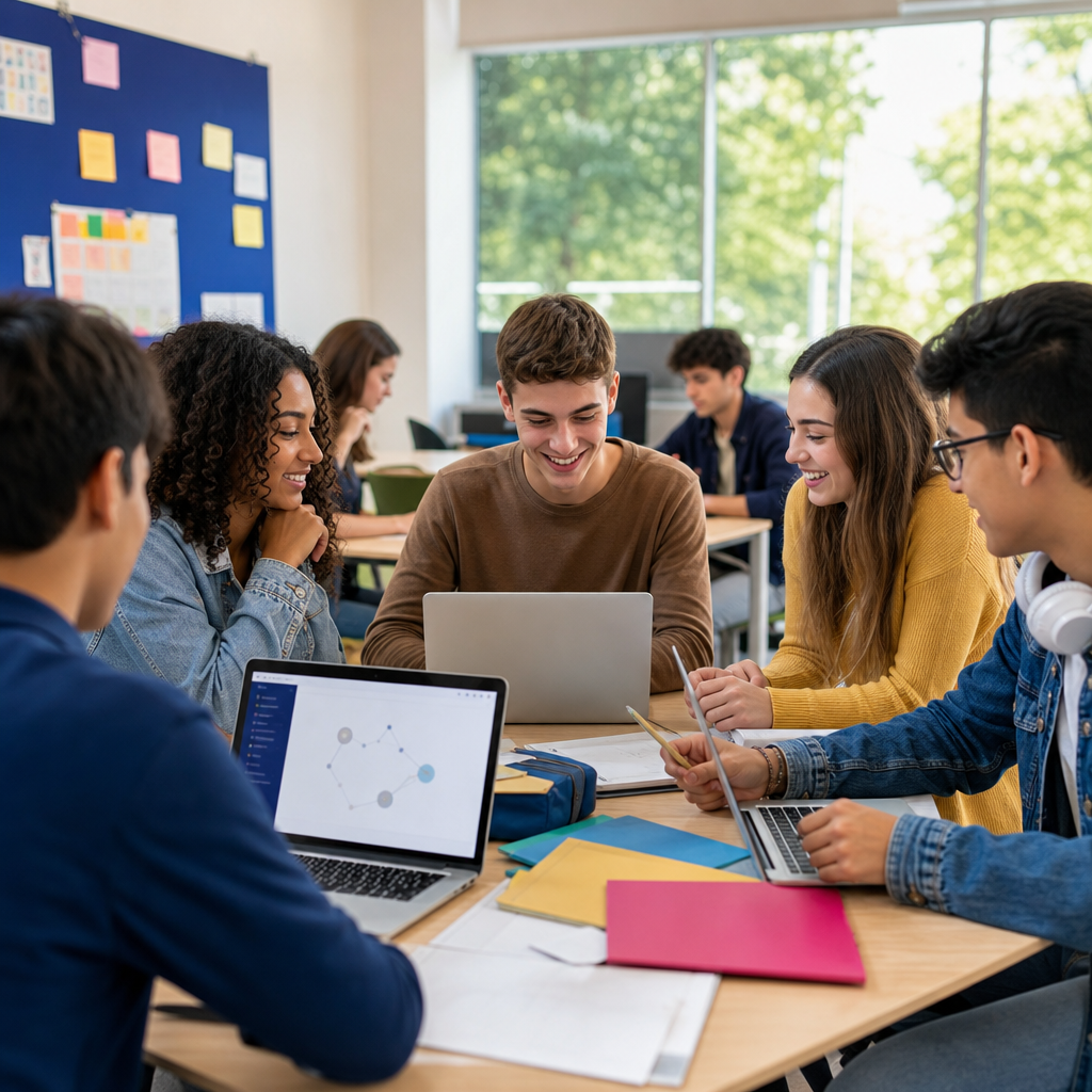 Estudantes trabalhando em projeto colaborativo com ferramentas educacionais de IA