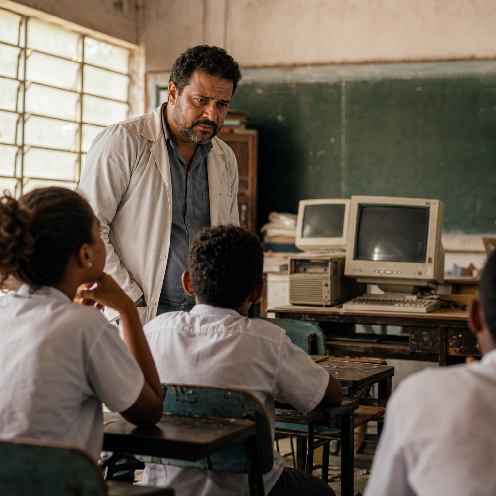 Professor em sala de aula com tecnologia defasada, preocupado com a educação dos alunos