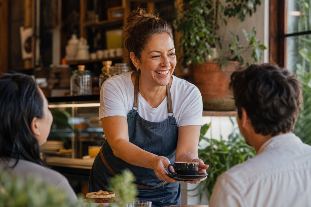 Proprietária de café interagindo com clientes em um ambiente acolhedor.