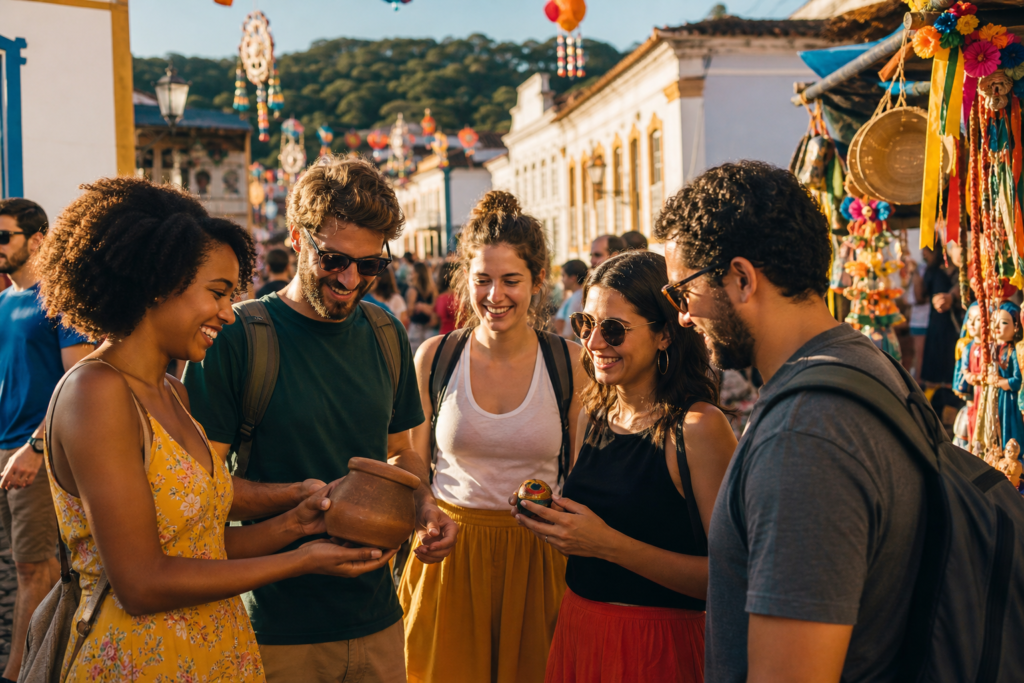 Grupo de turistas em um festival tradicional em uma cidade do interior